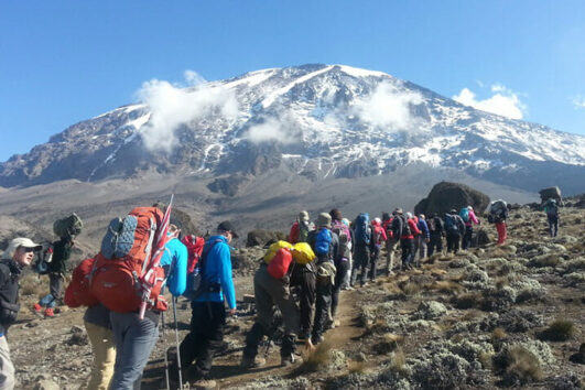 tourist climbing mount Kilimanjaro