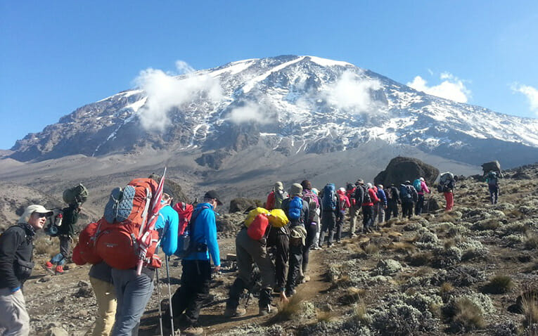 tourist climbing mount Kilimanjaro